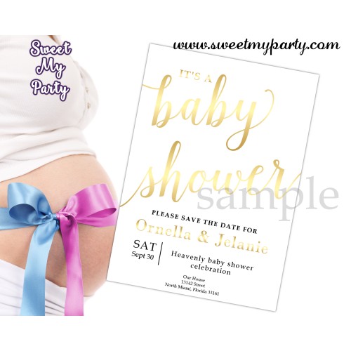 Gold Baby Shower Invitation,Gender Baby Shower Invitation, (007bbg)